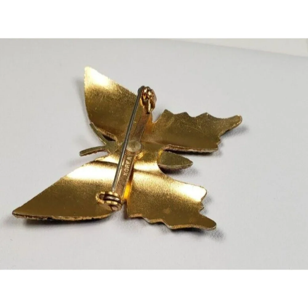 Vintage Korea Painted Flocked Stamped Metal Small  Butterfly Brooch - Picture 5 of 7